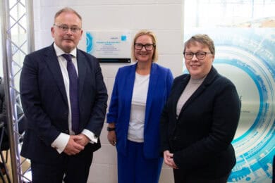 Babcock CEO David Lockwood, Jackie Grubb, Principal of City College Plymouth and the Rt Hon Maria Eagle MP at the opening of the Engineering & Nuclear Skills building at City College Plymouth