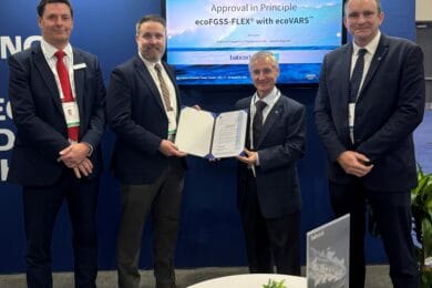 Employees of Babcock’s LGE business being presented with a certificate by employees of Lloyd’s Register at Gastech 2024 in Houston.