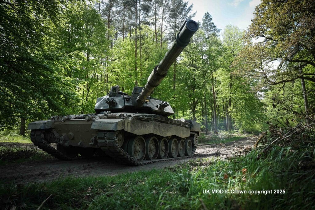 A Challenger 2 Main Battle Tank with Babcock engineering support in a wood