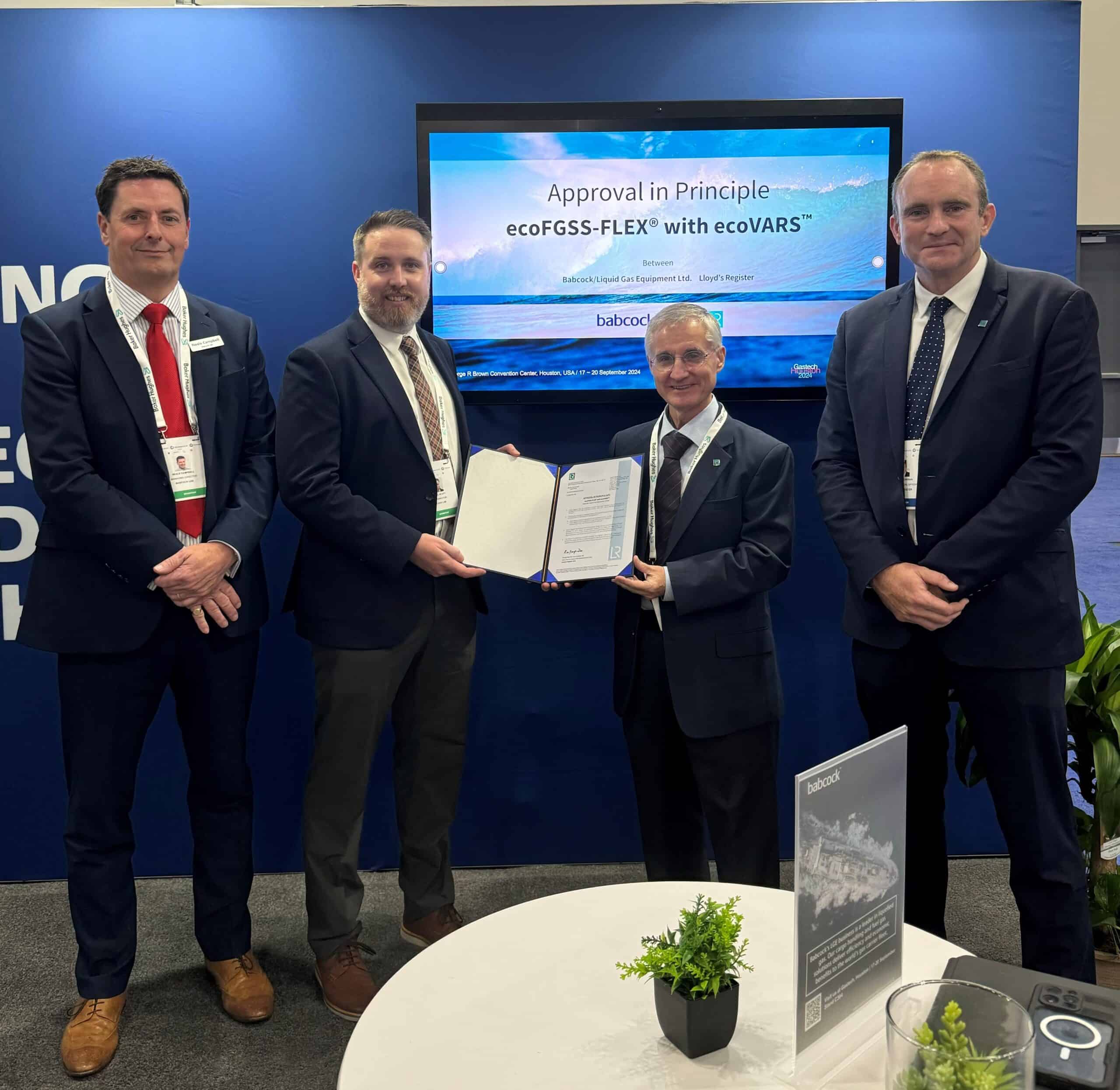Employees of Babcock’s LGE business being presented with a certificate by employees of Lloyd’s Register at Gastech 2024 in Houston.