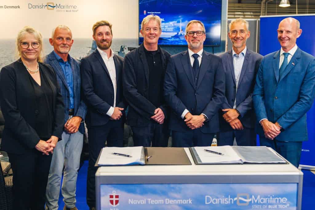 Pictured (left to right): Representatives from Danish Maritime, Naval Team Denmark, Stormborn, Babcock, SH Group, Cubedin & The UK National Armaments Director